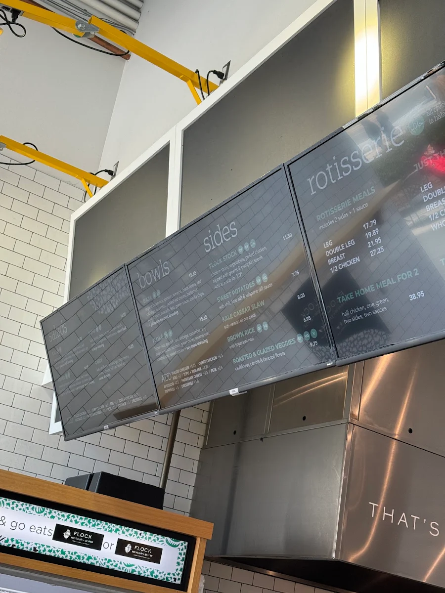 Menu, FLOCK rotisserie + greens