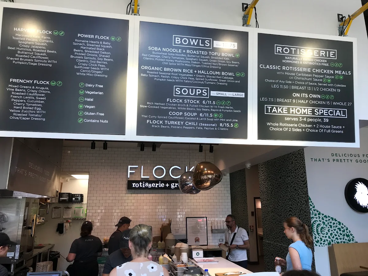 Menu, FLOCK rotisserie + greens