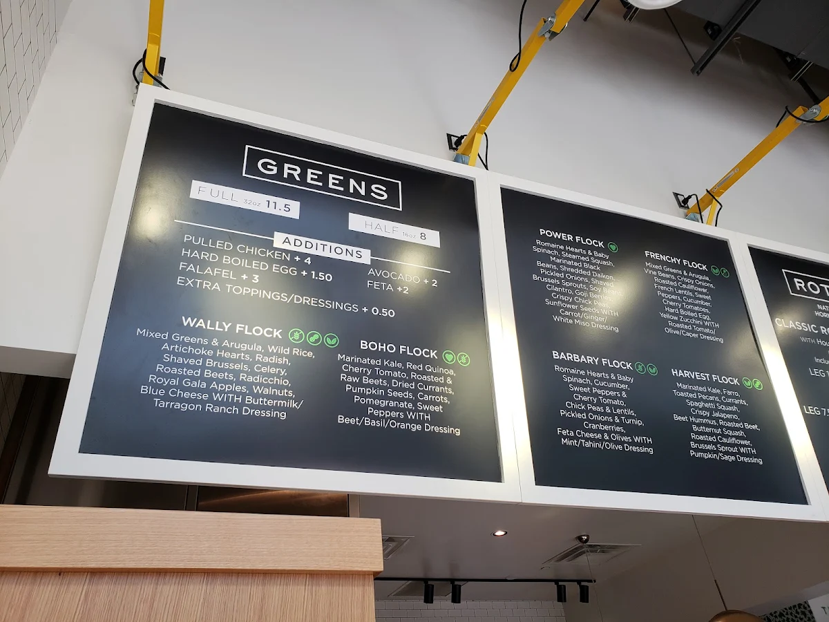 Menu, FLOCK rotisserie + greens