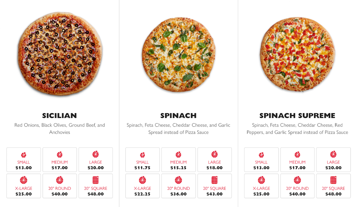 Menu, Gino's Pizza