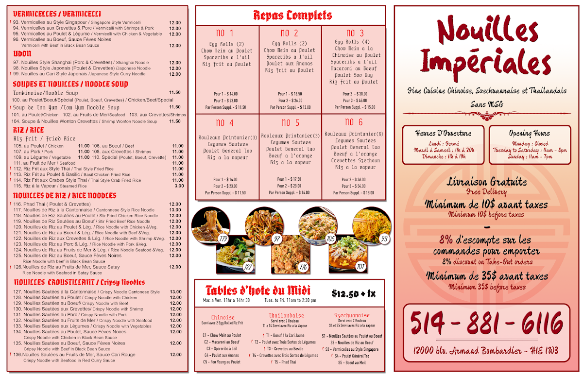 Menu, Restaurant Nouilles Impériales