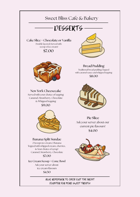 Menu, Sweet Bliss Cafe & Bakery