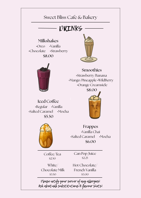 Menu, Sweet Bliss Cafe & Bakery
