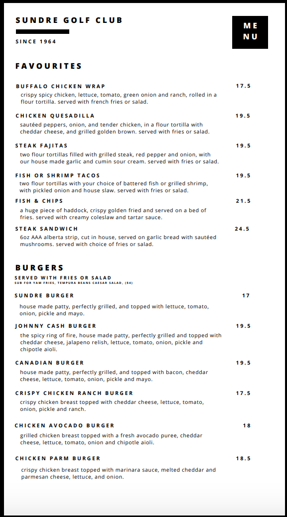 Menu, Jimmy's Grill at Sundre Golf Club