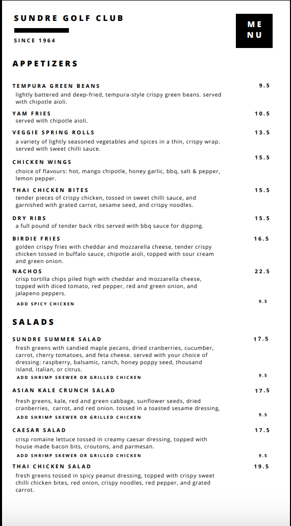 Menu, Jimmy's Grill at Sundre Golf Club