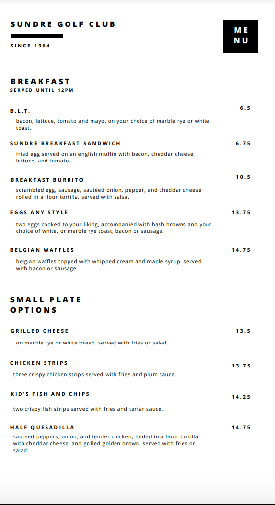 Menu, Jimmy's Grill at Sundre Golf Club