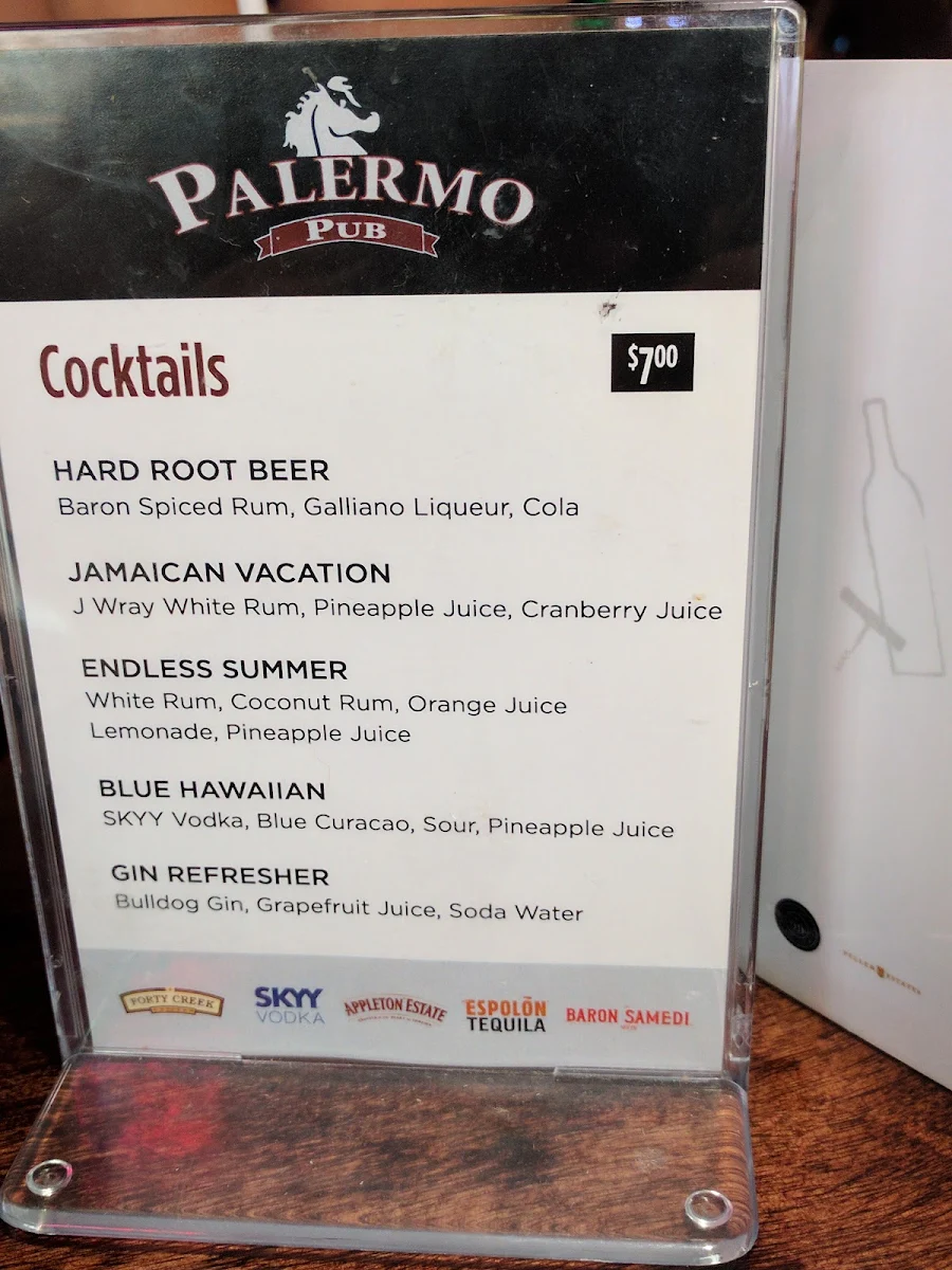 Menu, Palermo Pub