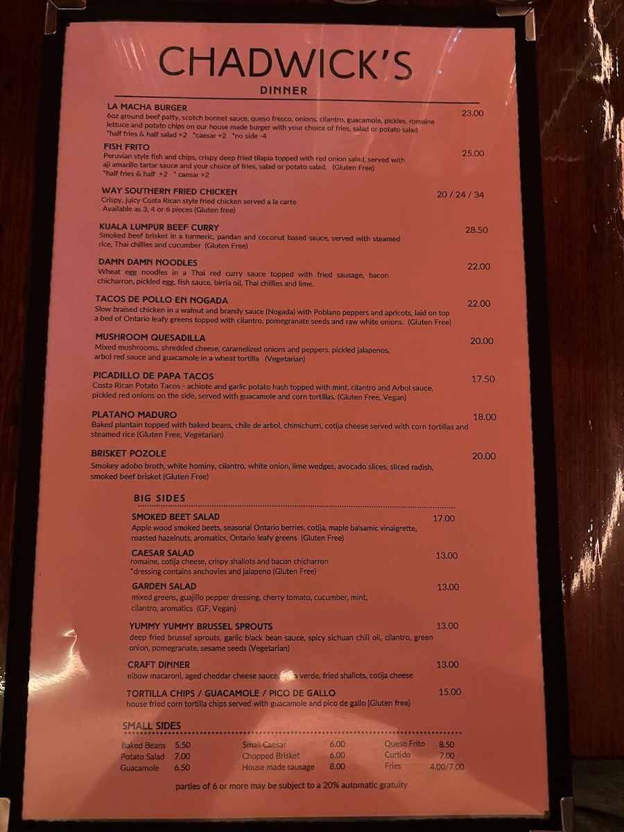 Menu, Chadwick's Craft Kitchen & Bar