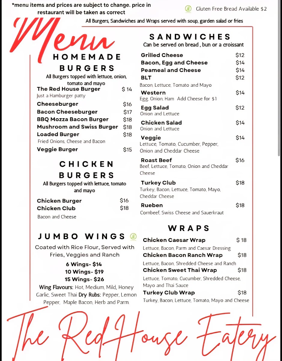 Menu, The Red House Eatery