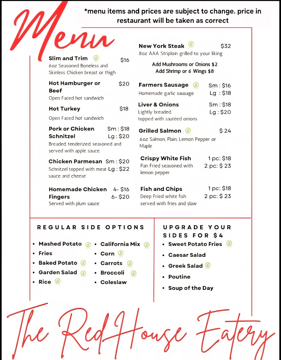 Menu, The Red House Eatery