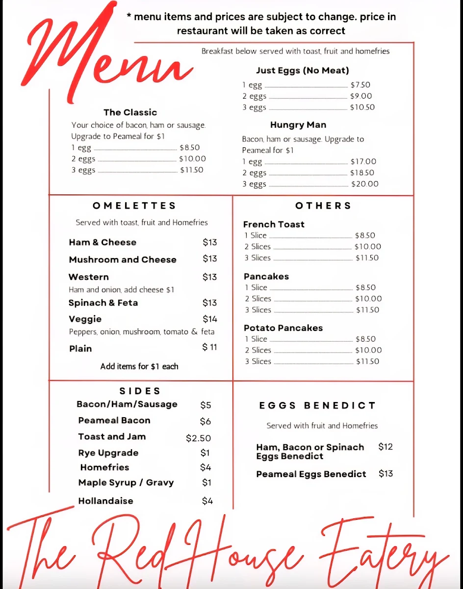 Menu, The Red House Eatery