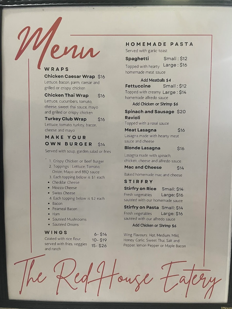 Menu, The Red House Eatery