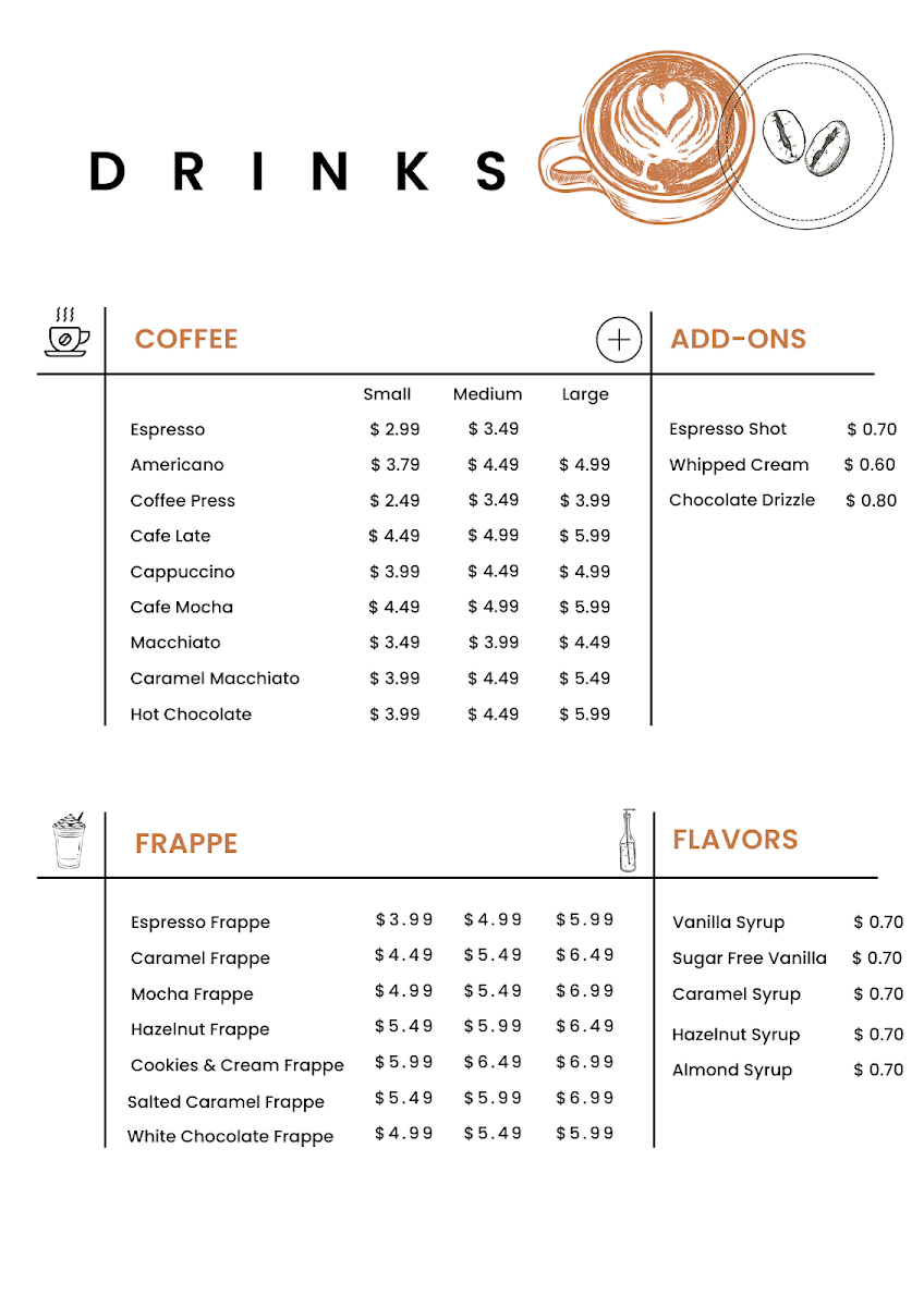 Menu, Cup O' Cafe