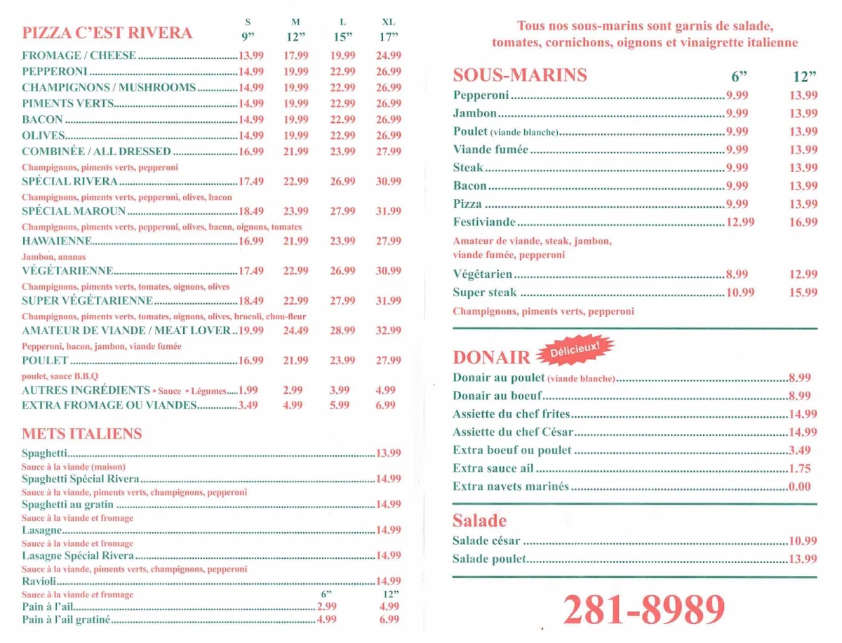 Menu, Rivera Pizza Buckingham