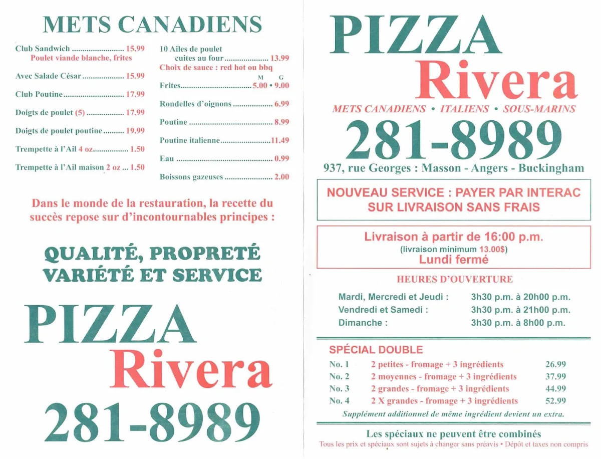 Menu, Rivera Pizza Buckingham