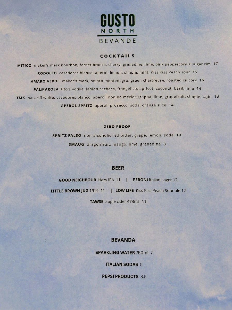 Menu, Gusto North