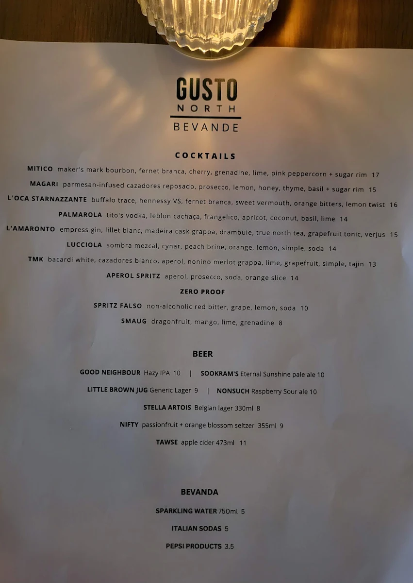 Menu, Gusto North