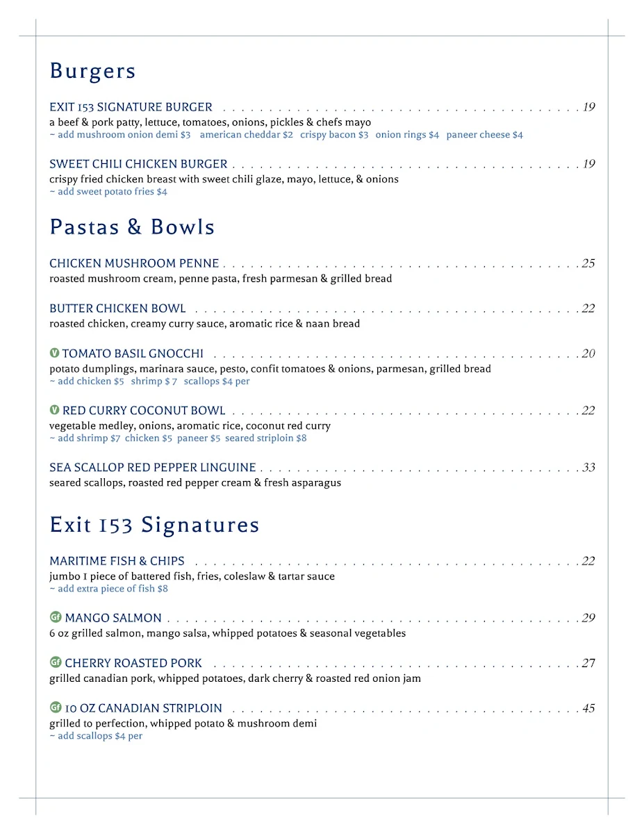 Menu, Exit 153 Restaurant