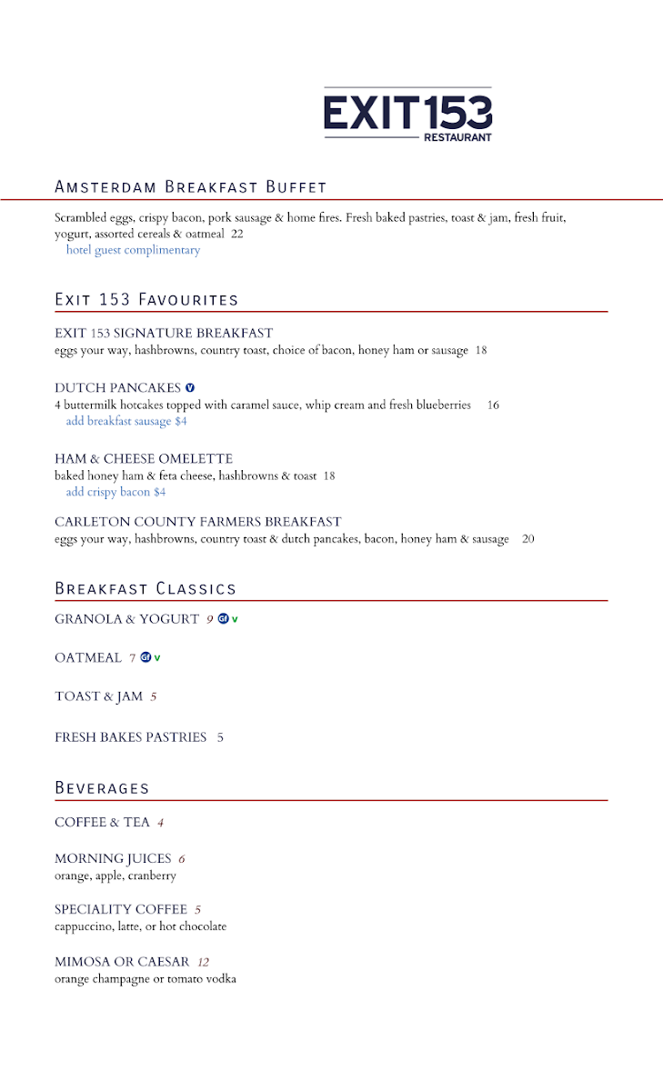 Menu, Exit 153 Restaurant