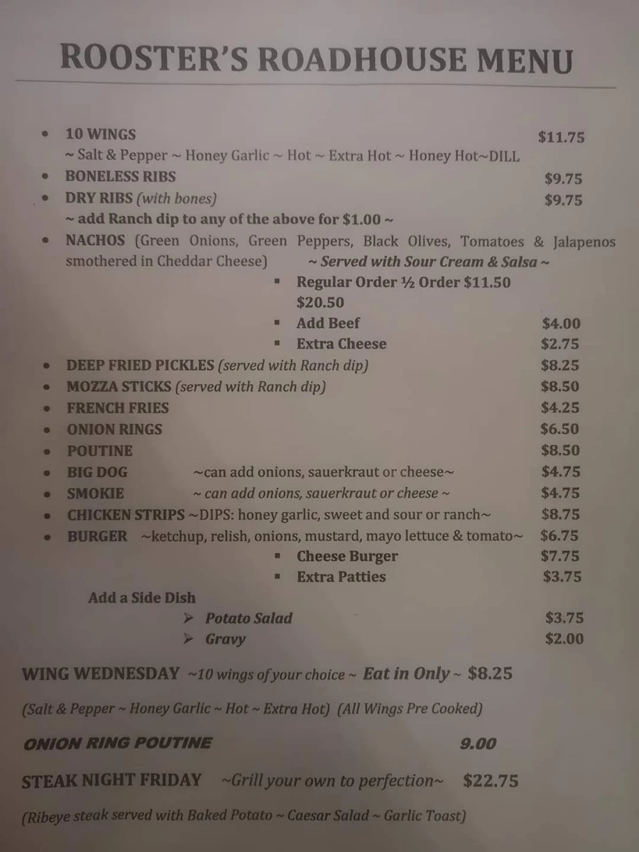 Menu, Rooster's Road House Ltd