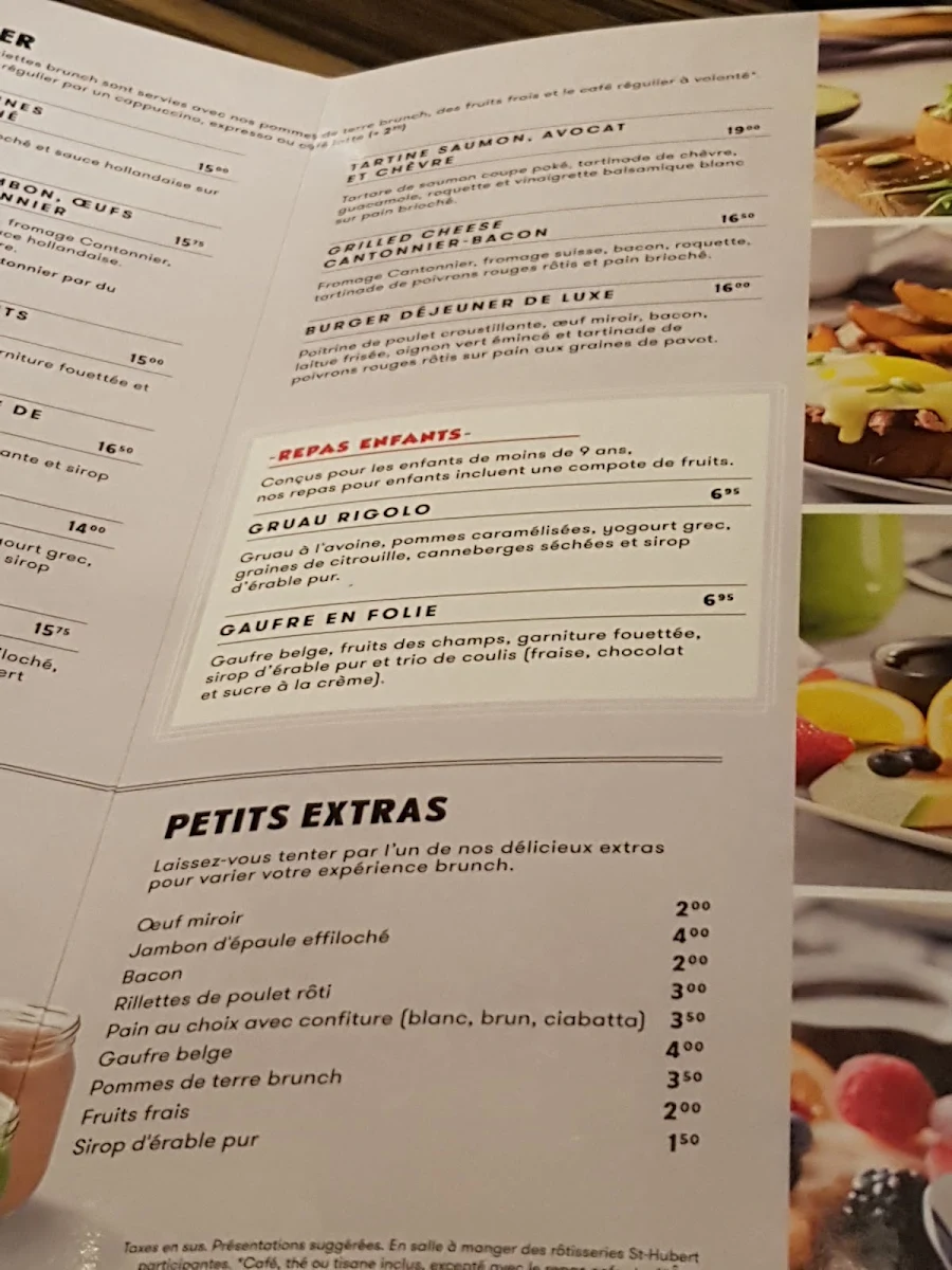 Menu, Rôtisserie St-Hubert