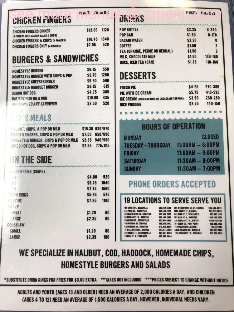 Menu, Captain George's Fish and Chips