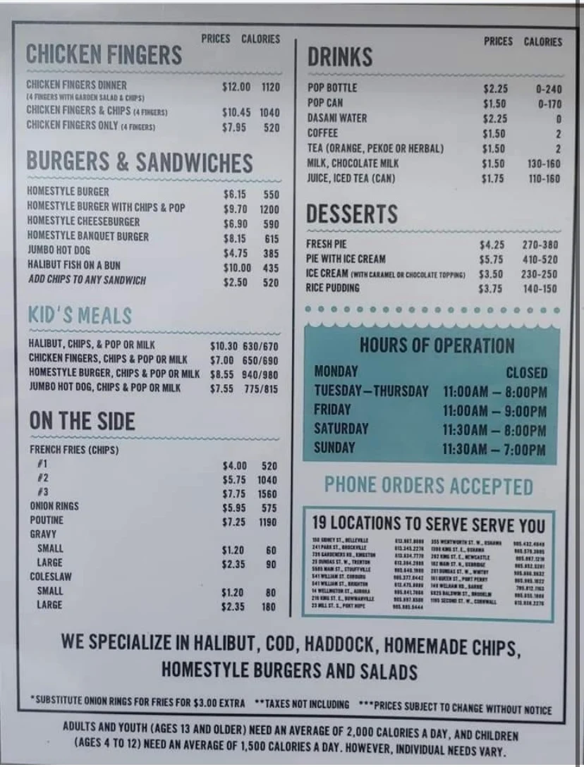 Menu, Captain George's Fish and Chips