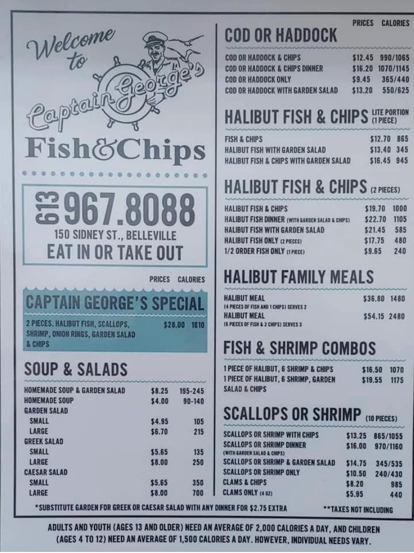 Menu, Captain George's Fish and Chips