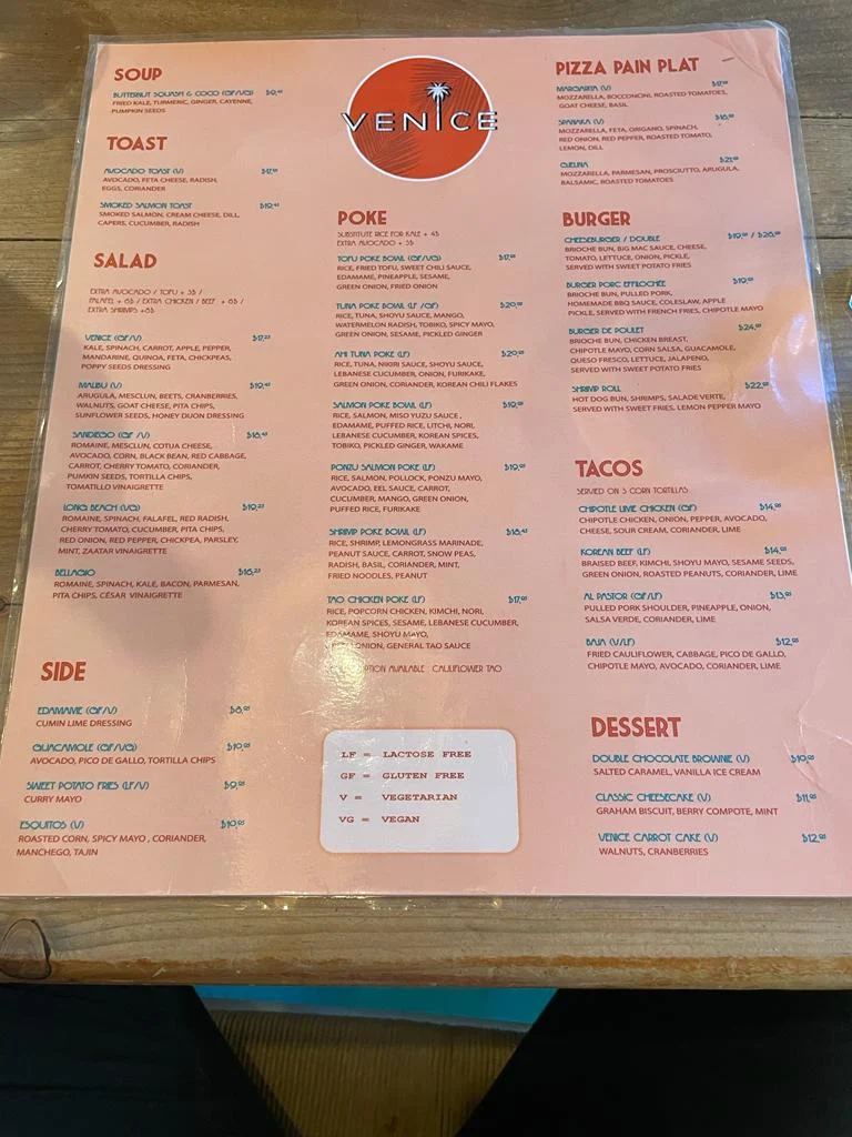 Menu, Venice Mtl Vieux-Montreal