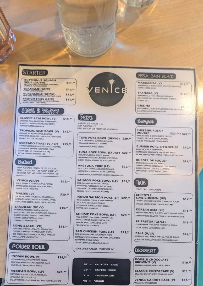 Menu, Venice Mtl Vieux-Montreal