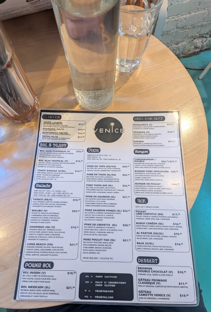 Menu, Venice Mtl Vieux-Montreal