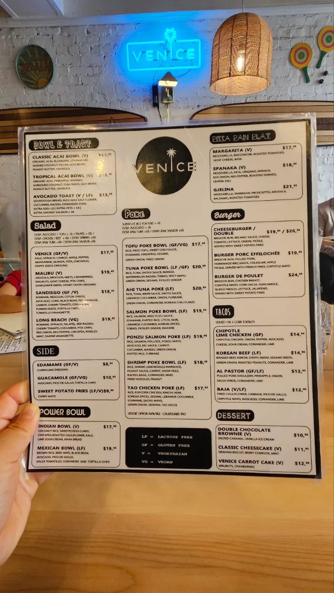 Menu, Venice Mtl Vieux-Montreal