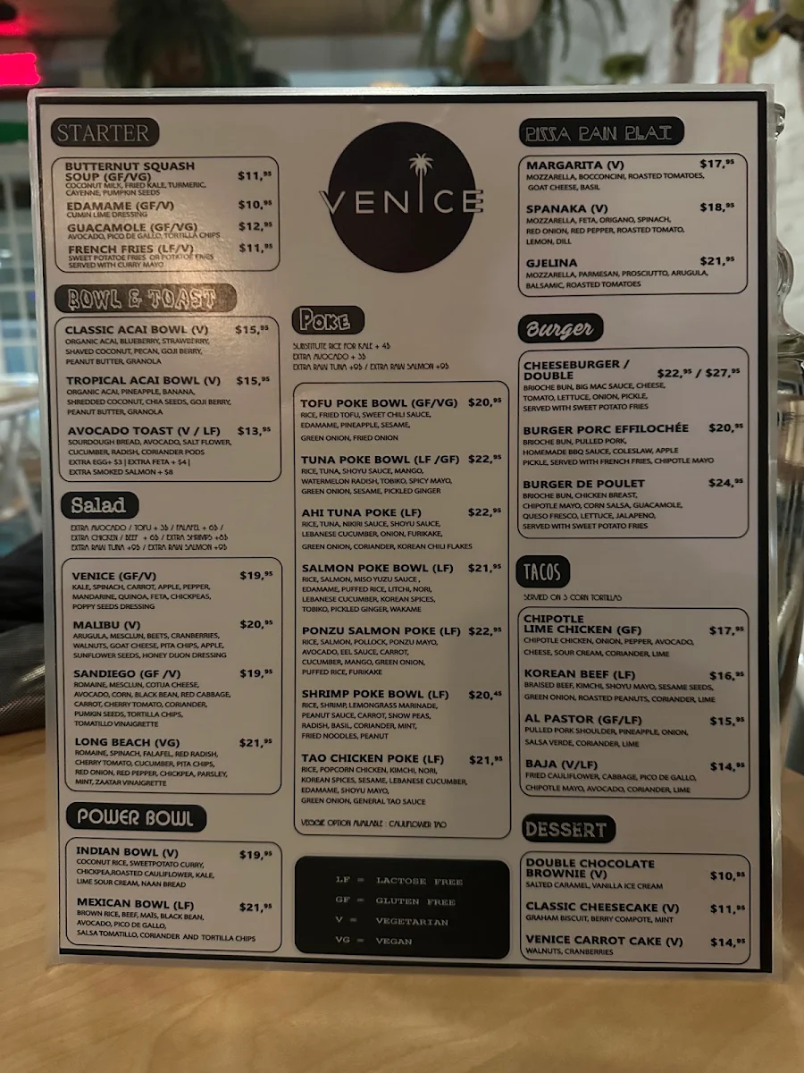 Menu, Venice Mtl Vieux-Montreal