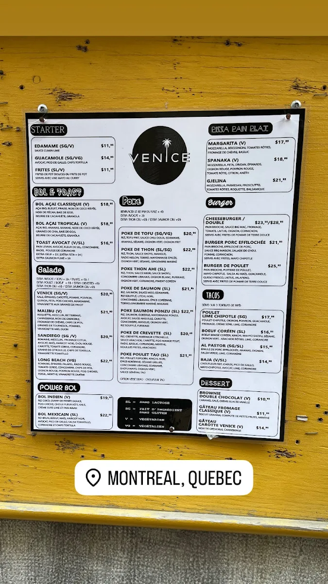 Menu, Venice Mtl Vieux-Montreal