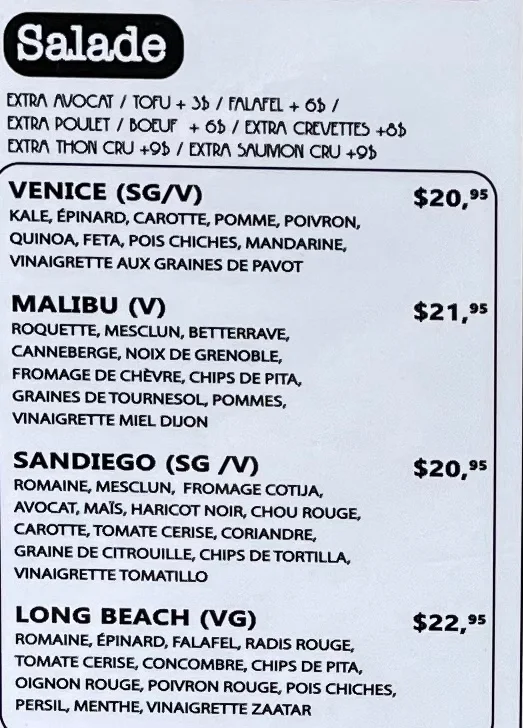 Menu, Venice Mtl Vieux-Montreal
