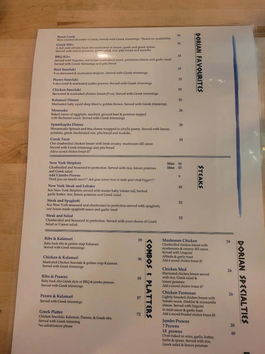 Menu, Dorian Greek House