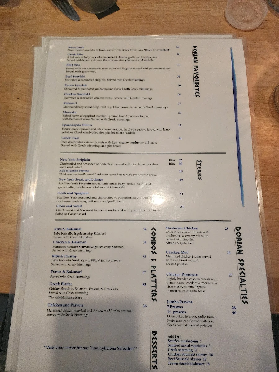 Menu, Dorian Greek House