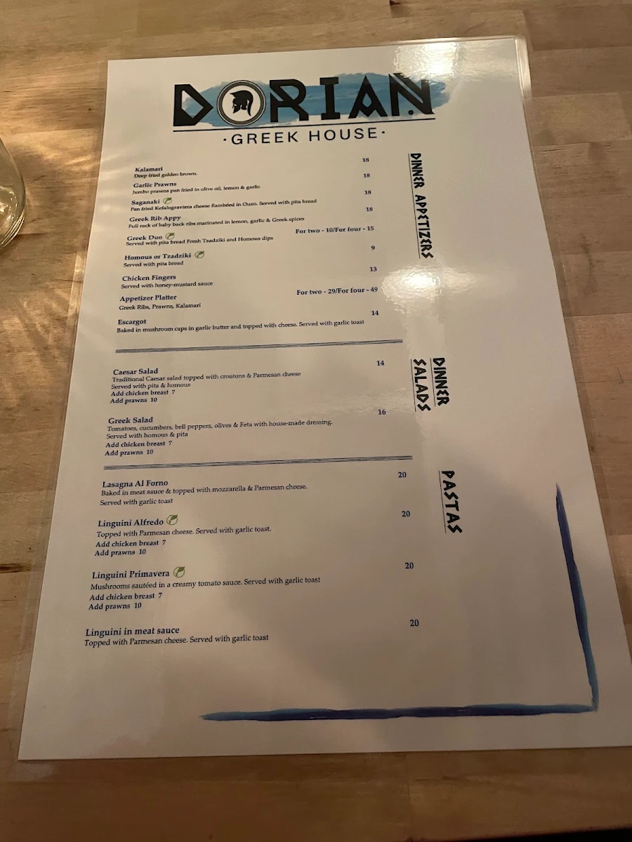 Menu, Dorian Greek House