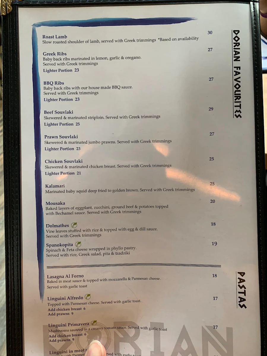 Menu, Dorian Greek House