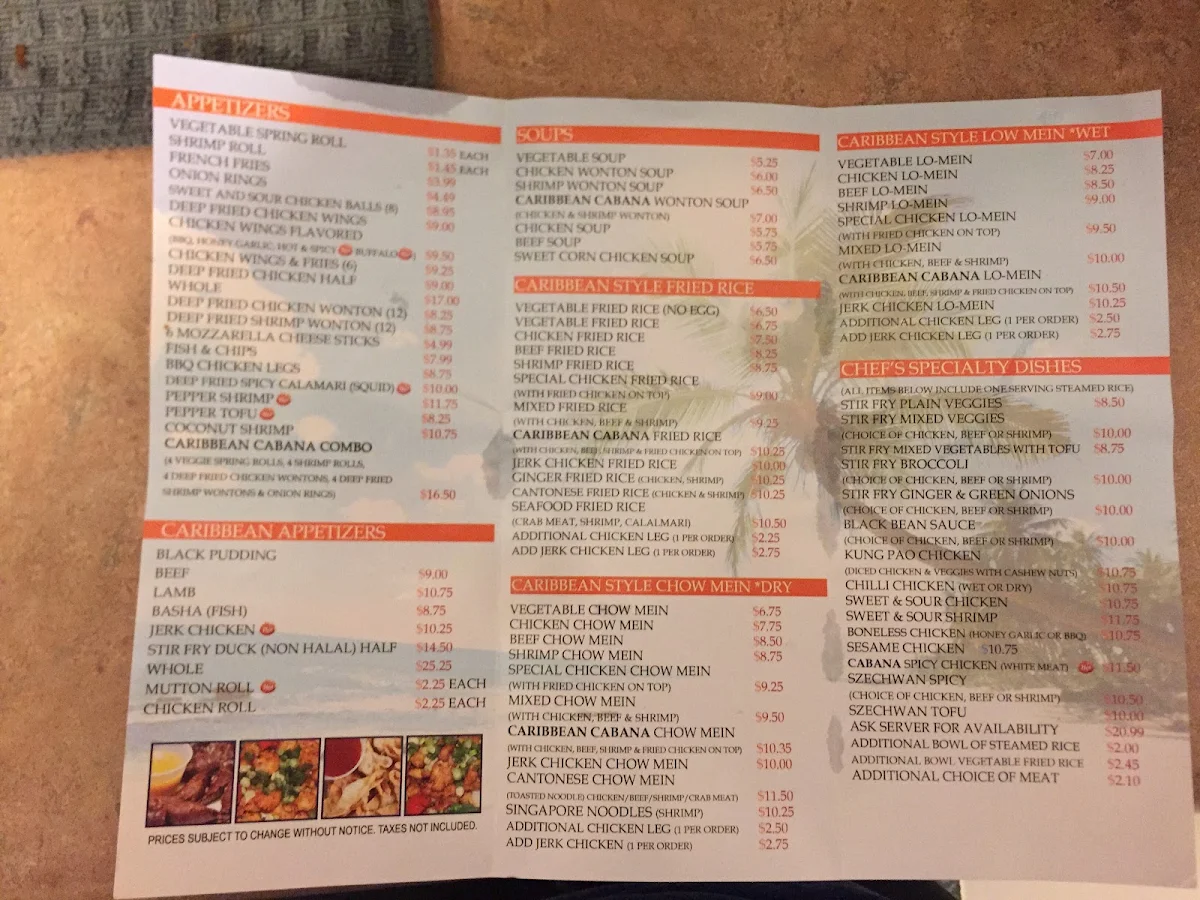 Menu, Caribbean Cabana