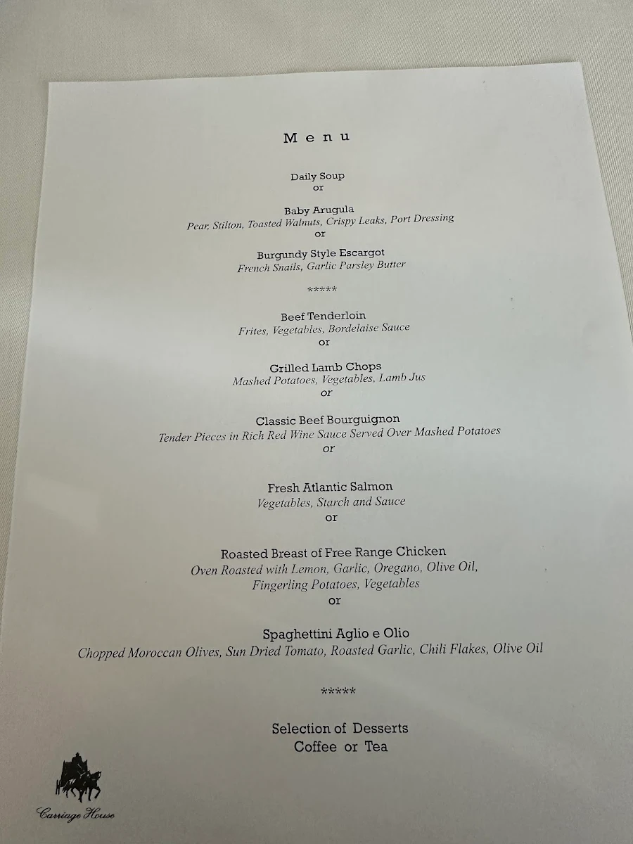 Menu, The Carriage House Restaurant