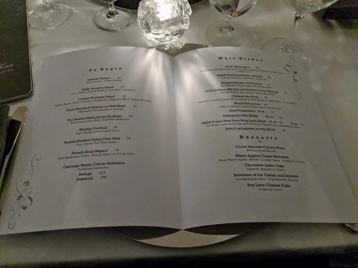 Menu, The Carriage House Restaurant