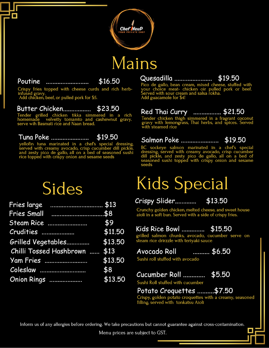 Menu, Chef Neup's Kitchen