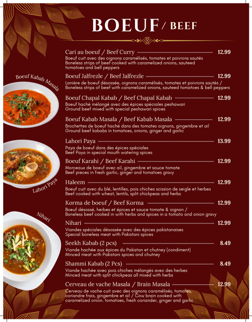 Menu, Dera Restaurant