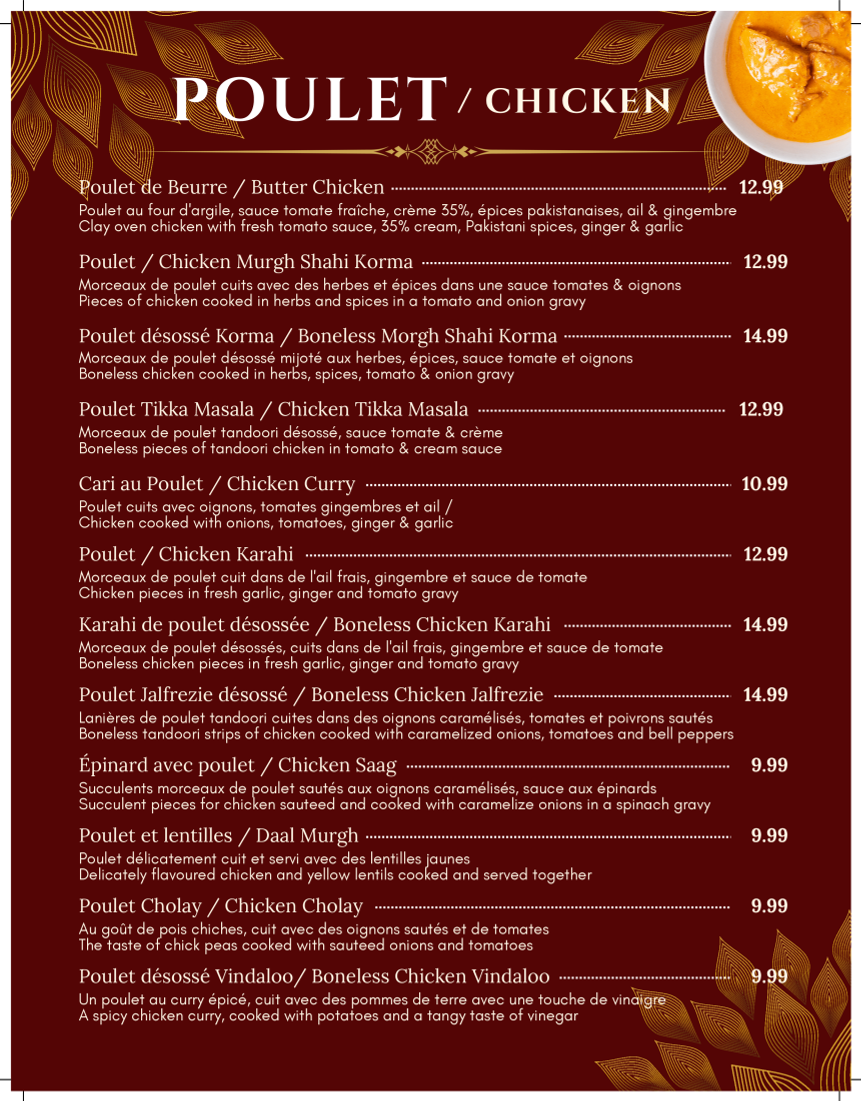 Menu, Dera Restaurant