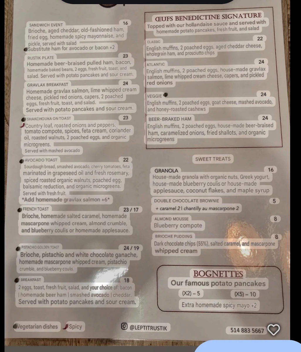 Menu, Le P'tit Rustik