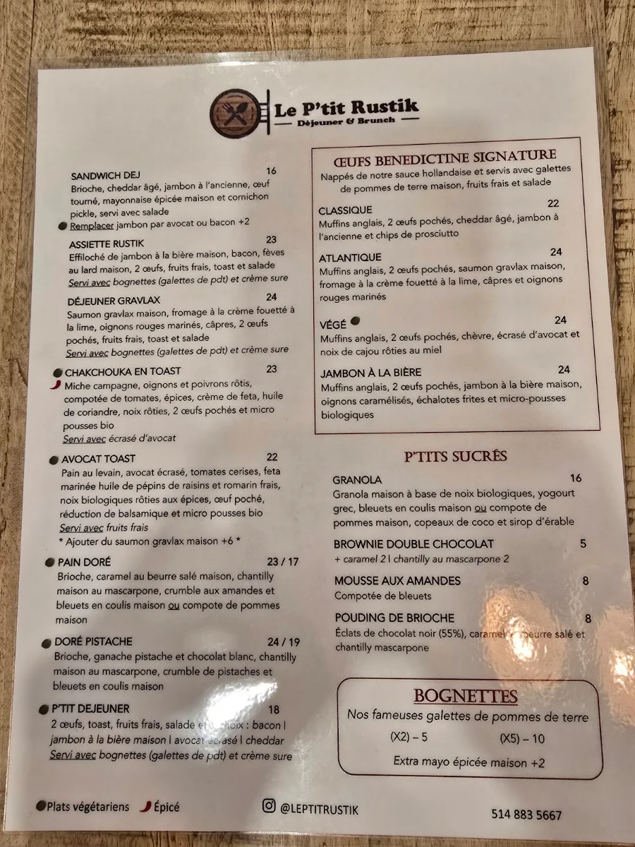 Menu, Le P'tit Rustik