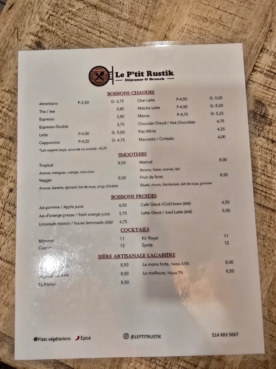 Menu, Le P'tit Rustik