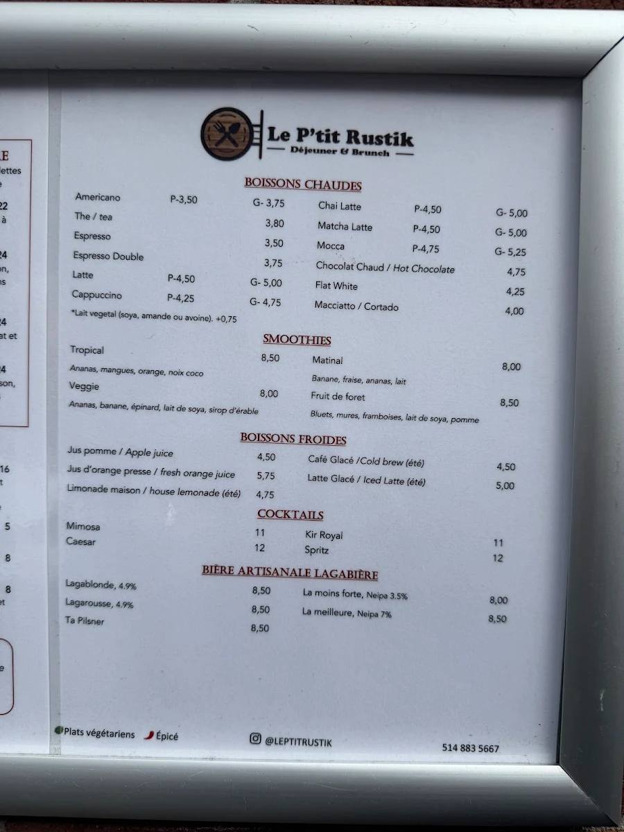 Menu, Le P'tit Rustik