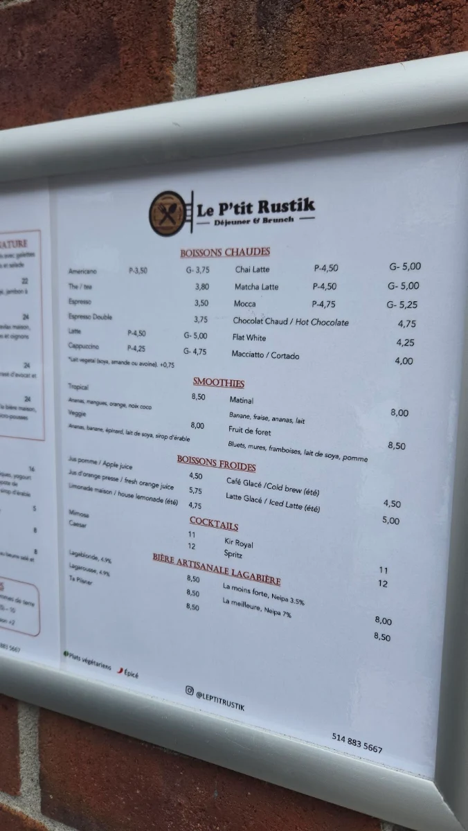 Menu, Le P'tit Rustik